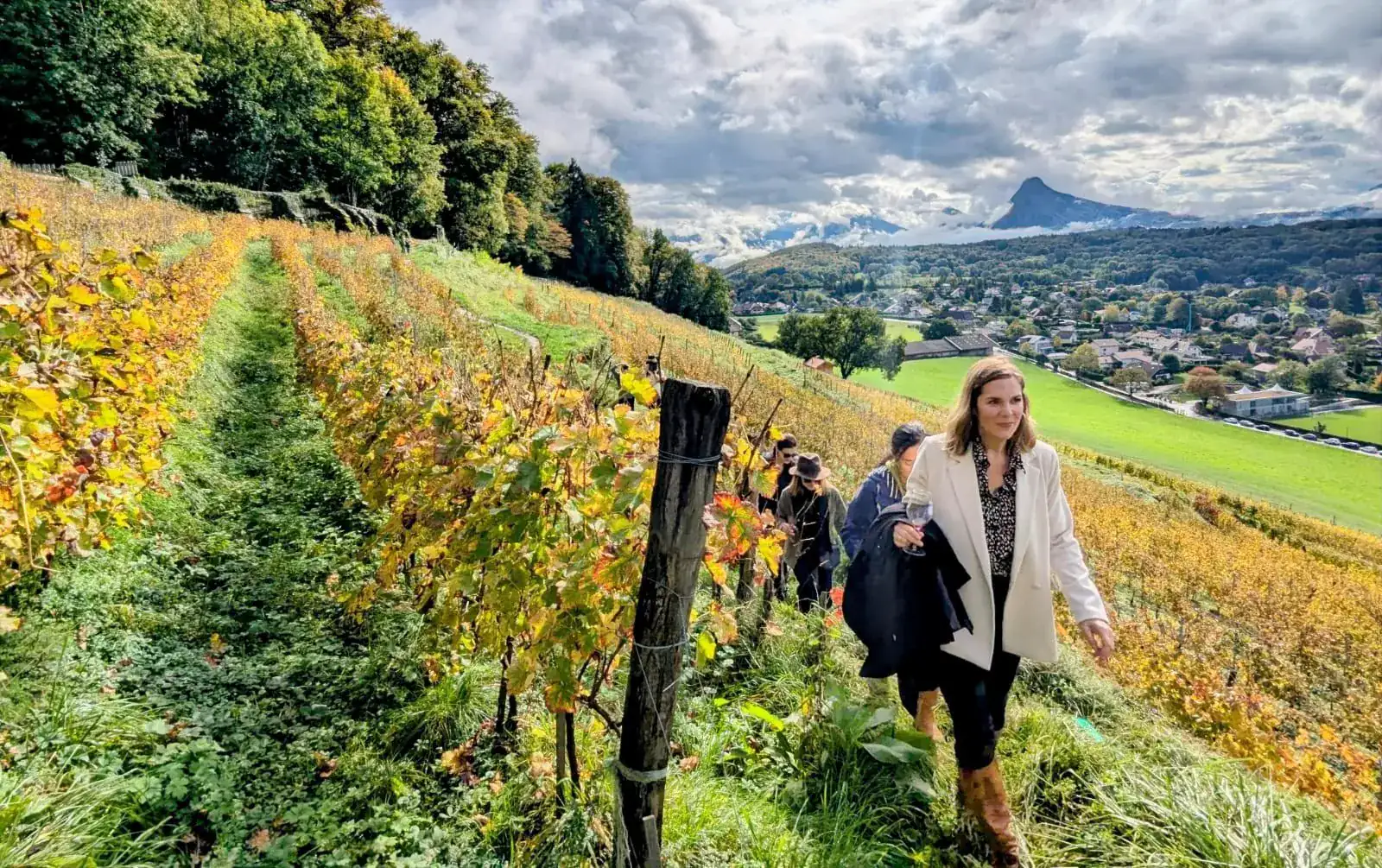 Guests walking through golden autumn vineyards in Savoie with the French Alps in the background