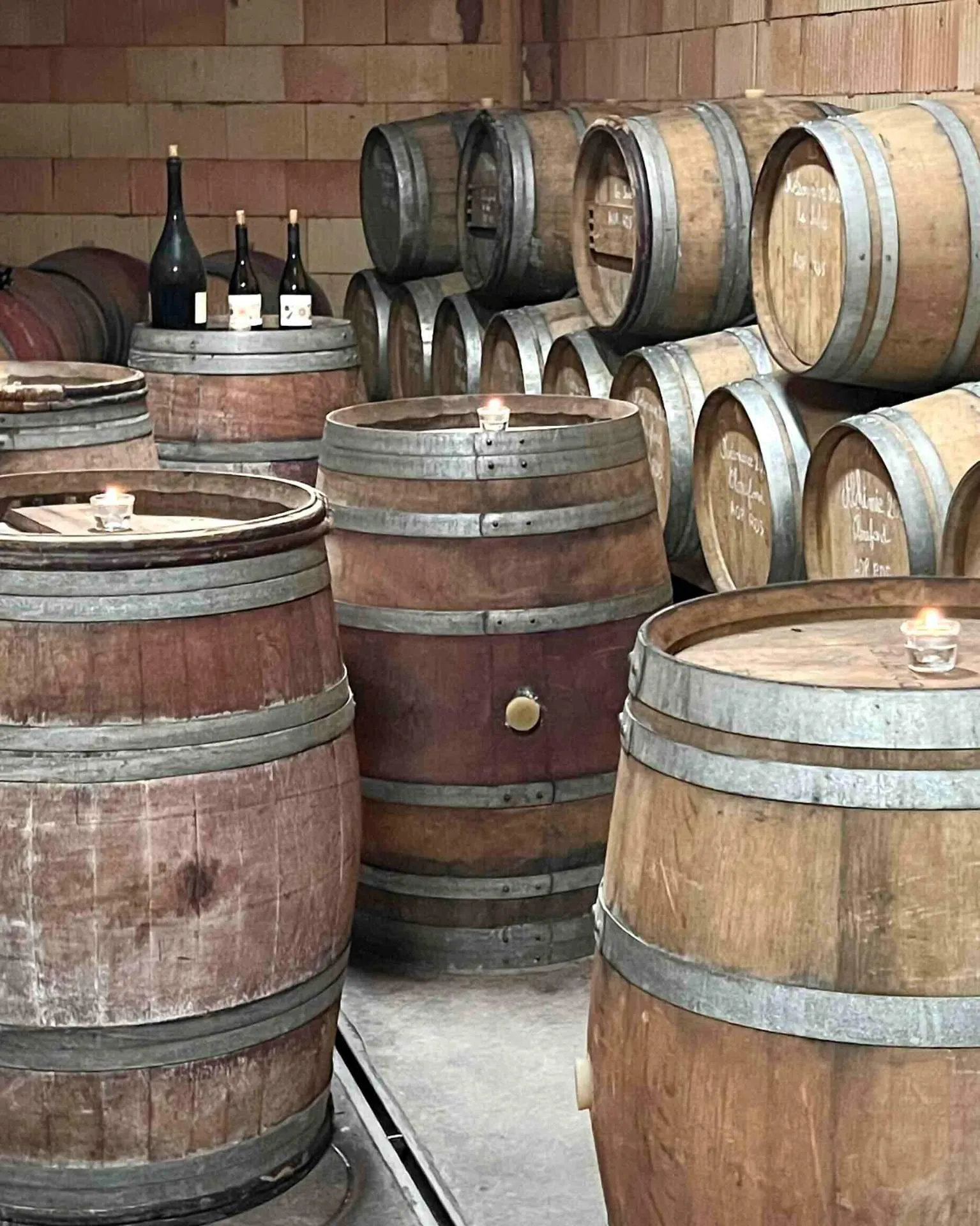 Vieille cave voûtée en pierre avec fûts de chêne séculaires, éclairée à la bougie dans un village savoyard