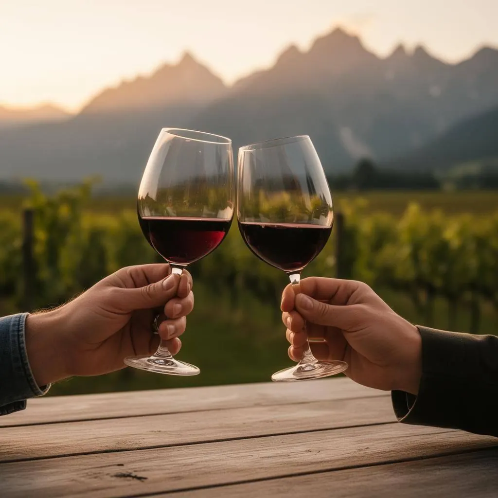 Two glasses of red wine being clinked at sunset over a vineyard